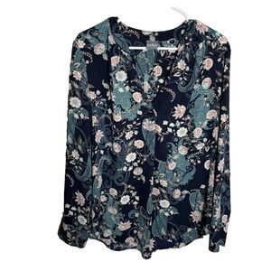 Soho Jeans Blouse Women's Large Navy Floral V-Neck Long Sleeve Boho Shirt Top